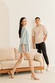 Female model in Abstract Kimono and Male model in Cotton Tee