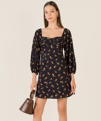Cascais Gathered Floral Dress in Midnight Blue Women's Apparel Online