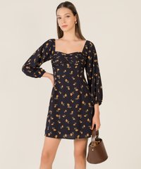 Cascais Gathered Floral Dress in Midnight Blue Online Clothes Singapore Shopping