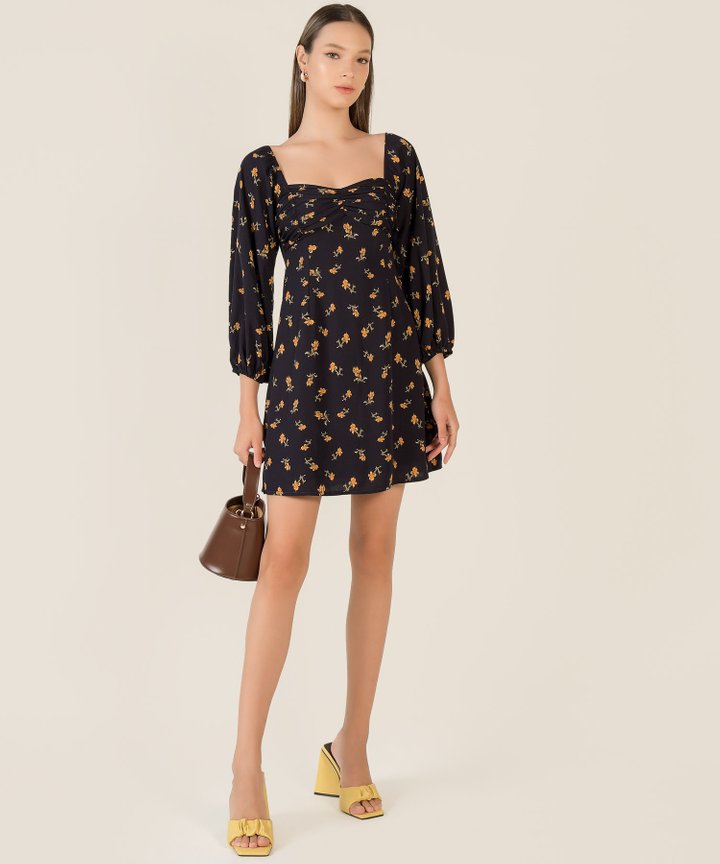 Cascais Gathered Floral Dress - Midnight Blue