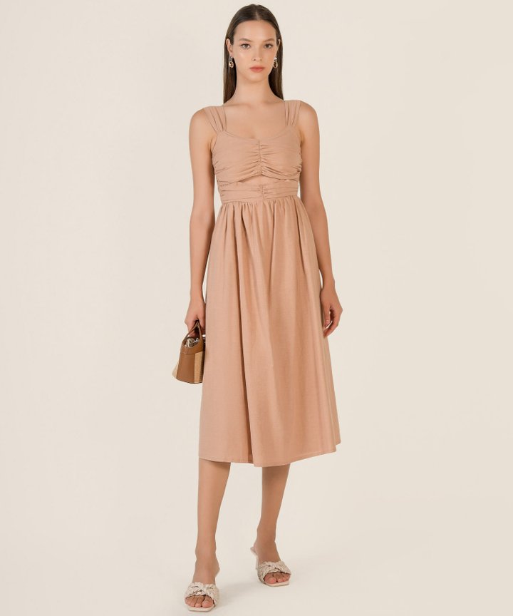 Venetia Gathered Cut Out Midi Dress - Desert Rose