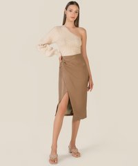 Clemence Draped Vegan Leather Pencil Skirt in Caramel Women's Clothing Online