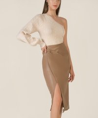 Clemence Draped Vegan Leather Pencil Skirt in Caramel Casual Women's Wear