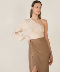 Clemence Draped Vegan Leather Pencil Skirt in Caramel Clothes Online
