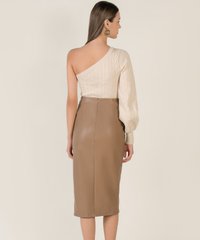 Clemence Draped Vegan Leather Pencil Skirt in Caramel Best Online Clothing Store