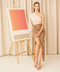 Clemence Draped Vegan Leather Pencil Skirt in Caramel Female Fashion Online