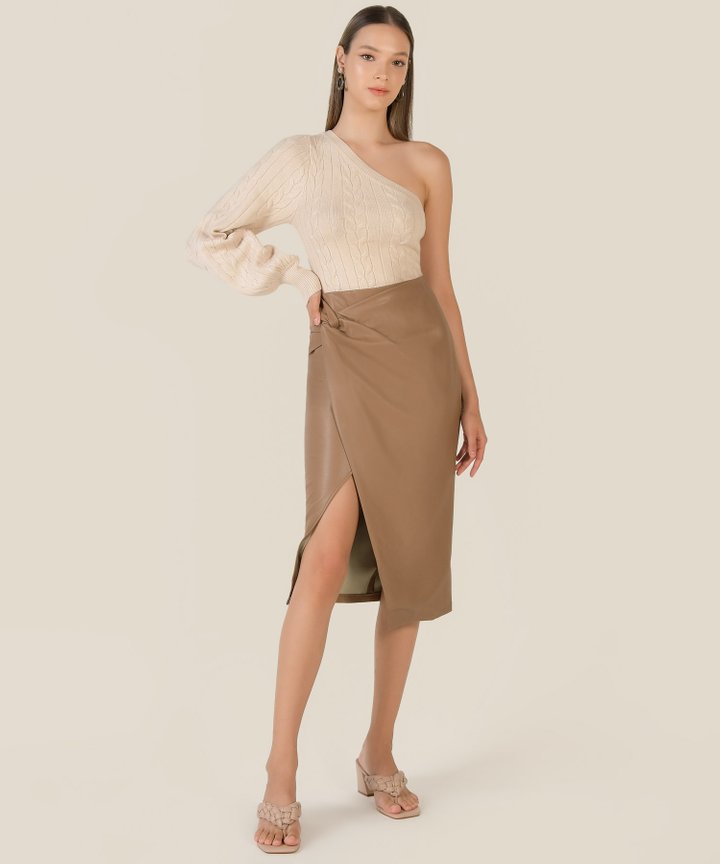Clemence Draped Vegan Leather Pencil Skirt - Caramel