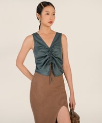 Enigma Drawstring Satin Top in Blue Jade Women's Clothing Online