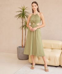 Verlaine Ring Detail Gathered Dress in Green Apple Women's Clothing Online