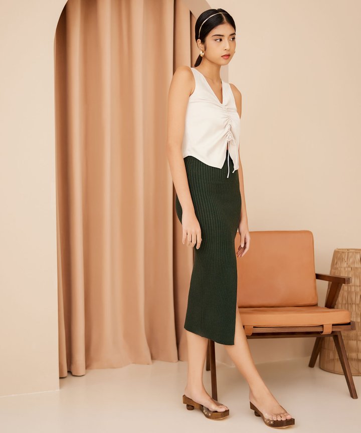 Enigma Drawstring Satin Top - Pebble