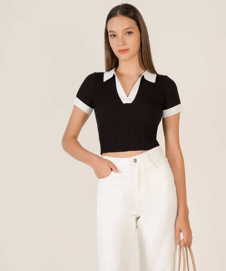 Sibyl Open Collar Knit Top - Black