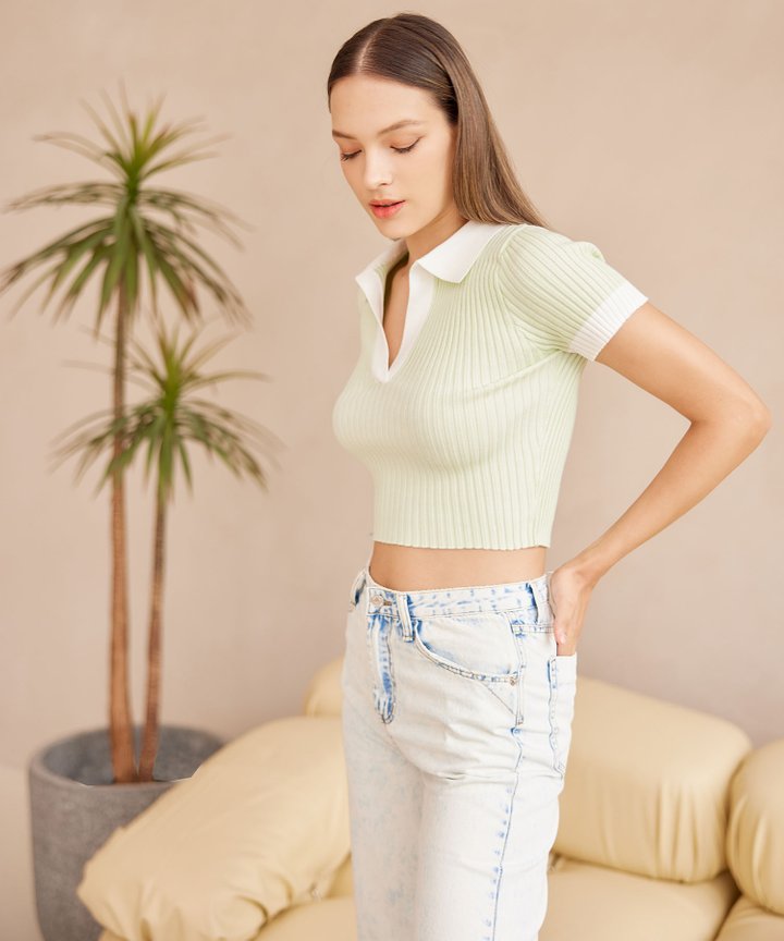 Sibyl Open Collar Knit Top - Mint Tea