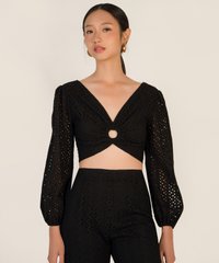 Madalena Broderie Ring Detail Top in Black Loungewear SG