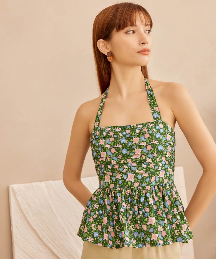 Edena Halter Peplum Top - Forest Green