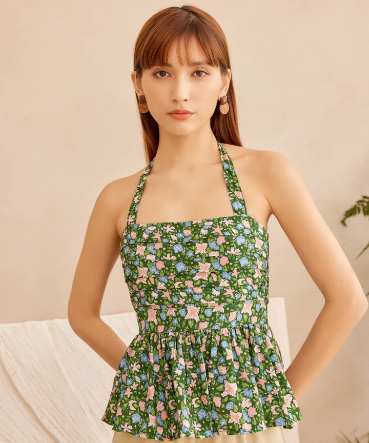 Edena Halter Peplum Top - Forest Green