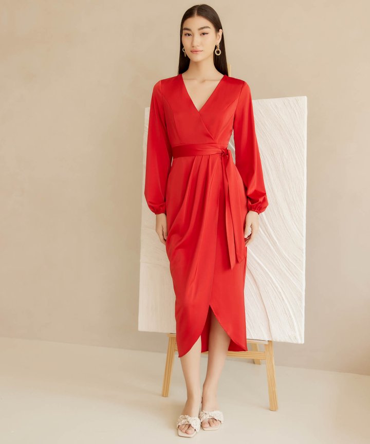 HVV Atelier Lyric Tulip Wrap Midi Dress - Hot Sauce