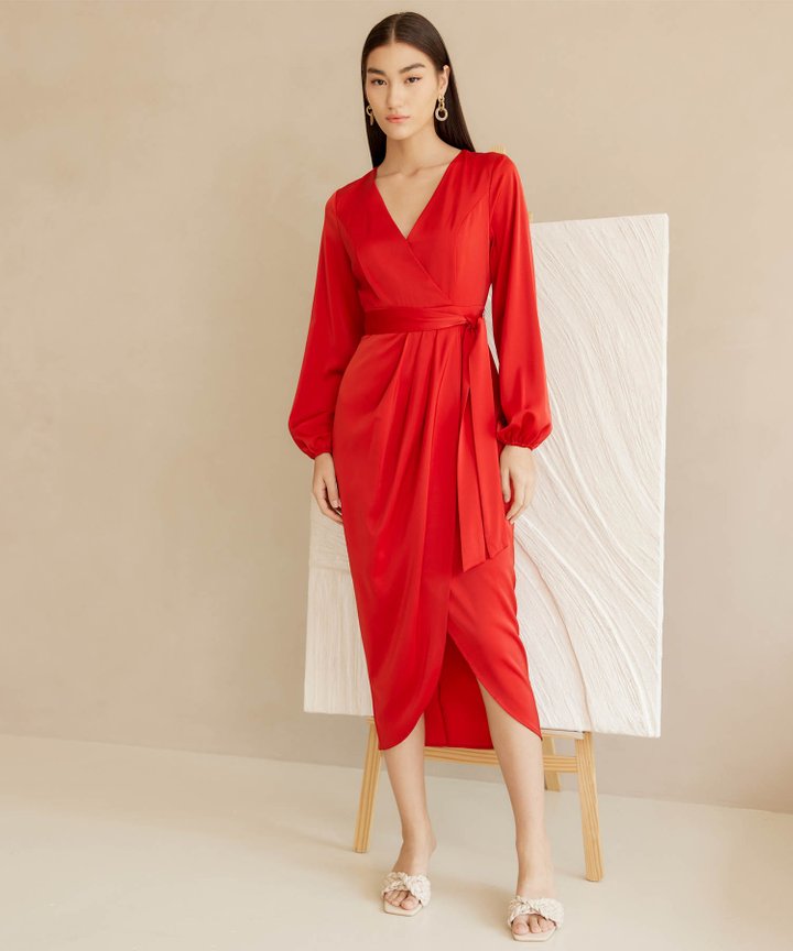 HVV Atelier Lyric Tulip Wrap Midi Dress - Hot Sauce