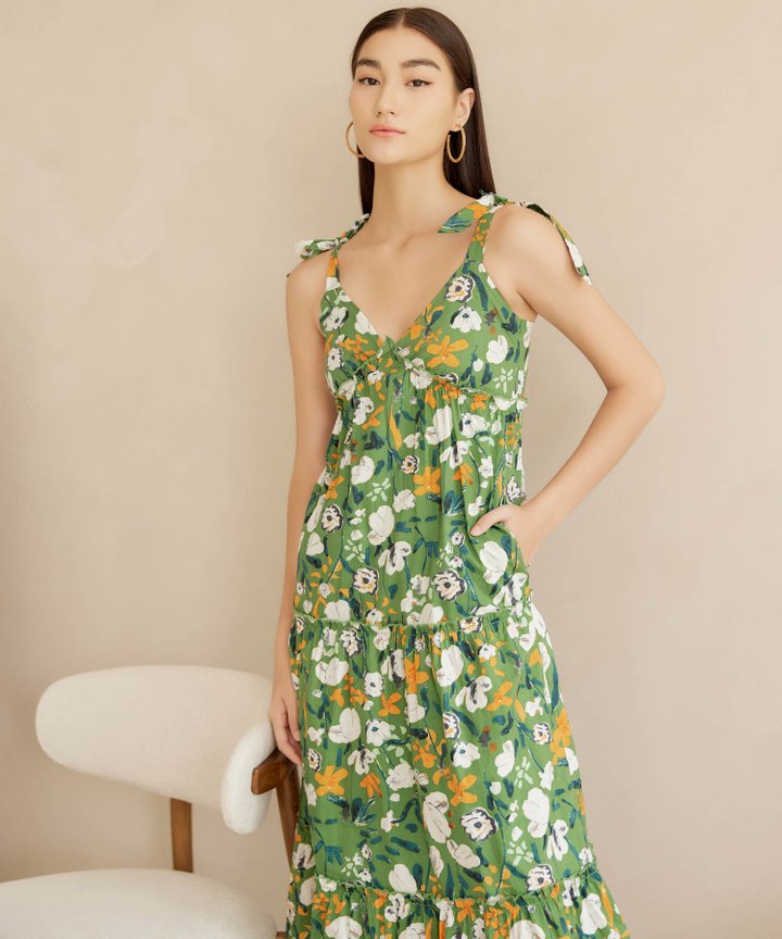 Rossum Floral Tie Shoulder Maxi Dress - Forest