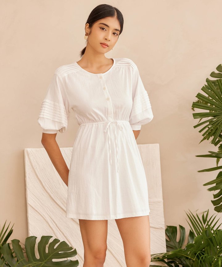 Saskia Pleated Peasant Dress - White